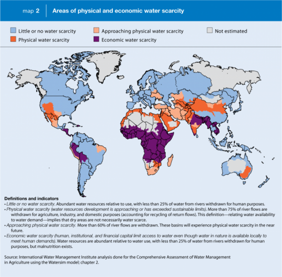 Areas of physical and economic water scarcity. Source: IWMI 2008